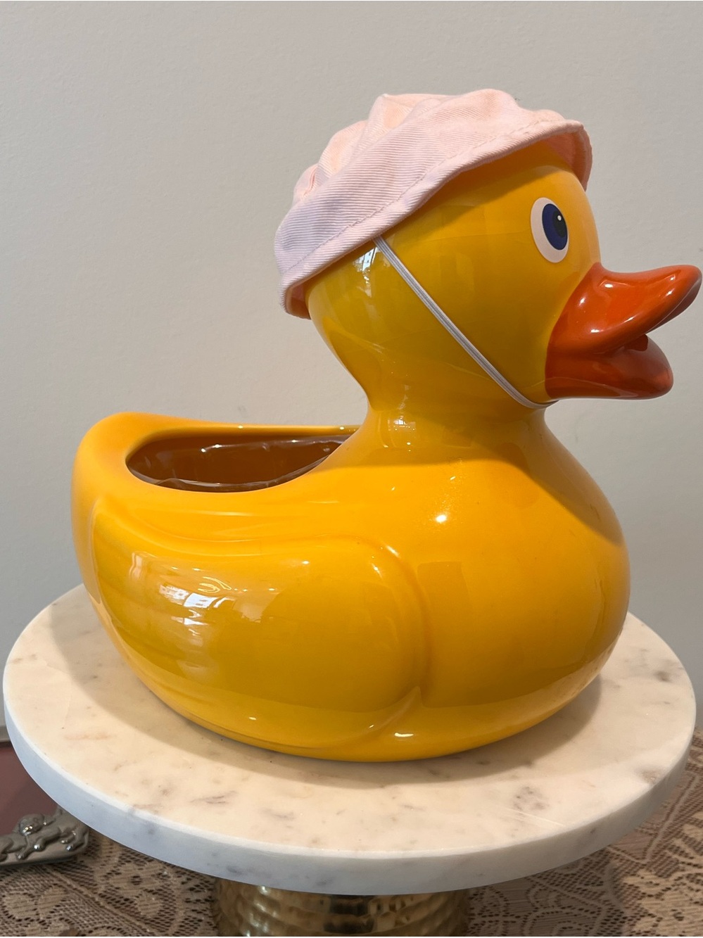 Vintage TelaFlora Yellow Ceramic Duck Planter with Pink Cap